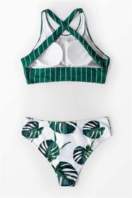 img 1 attached to 👙 Stylish Teal Stripe Leaves Print Criss Cross Bikini Set by CUPSHE