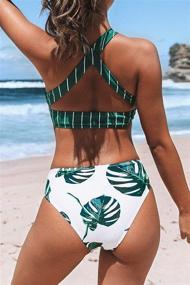 img 2 attached to 👙 Stylish Teal Stripe Leaves Print Criss Cross Bikini Set by CUPSHE