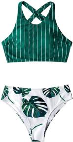 img 3 attached to 👙 Stylish Teal Stripe Leaves Print Criss Cross Bikini Set by CUPSHE