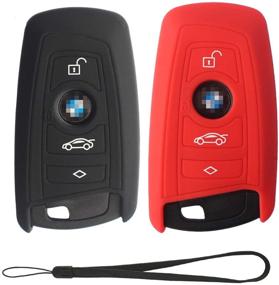 img 4 attached to Velsman Car Smart Key FOB Silicone Case Cover Holder Compatible With BMW Trapezoid Style Key And Wrist Strap – 3 Buttons - Please DOUBLE CHECK Your Key CONFIGURATION AND SHAPE (Black And Red)