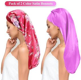 img 3 attached to 👩 2-Piece Set: Large Satin Bonnet Sleep Cap for Women with Braids and Hairband