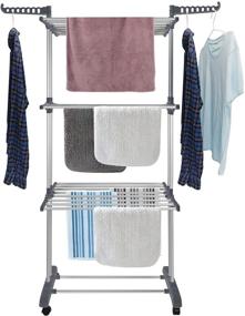 img 4 attached to 👕 Bigzzia Folding Clothes Rail - 3 Tier Clothes Drying Rack, Stainless Steel Laundry Garment Dryer Stand with Side Wings - Grey