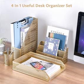 img 1 attached to POPRUN Gold Desk Organizer Set: Stylish 4-Piece Office Supplies Kit for Home and Office - Maximizing Desk Organization and Enhancing Work Efficiency