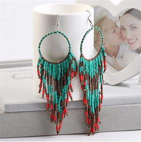 img 2 attached to 🌸 Exquisite Handmade Boho Fringe Statement Earrings for Women - Tassel Chain, Beads, Hoop, and Dream-catcher Design