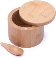 🌿 arkad bamboo wood salt and spice storage box with round swivel lid cover + wooden teaspoon - natural and eco-friendly | ideal for spices, chili, curry, sugar, salt, cumin and more! logo