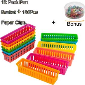 img 3 attached to 🖍️ YAOYUE 12 Pack Pencil Basket Trays: Colorful Classroom Organization Baskets for Office, with 100 Pcs Paper Clips and Pen Holders - Perfect Marker and Crayon Holder Organizer (12 Pack)