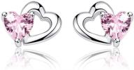 💖 s925 sterling silver interlocking heart pink cz stud earrings for women and teen girls, hypoallergenic post pin piercing jewelry, fashionable valentine's day gifts for mom and wife logo