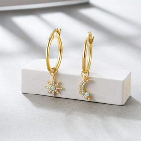 img 2 attached to 🌟 Stylish Moon & Star Charms Huggie Hoop Earrings: 14K Gold Plated with Cubic Zirconia & Opal, Perfect for Women and Teen Girls