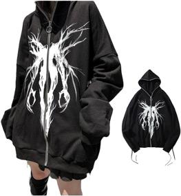 img 4 attached to Oversized Graphic Print Hoodie with Long Sleeves, Zip Up Closure - Women's Casual Coat Jacket - Hip Hop Y2K E-Girl Streetwear