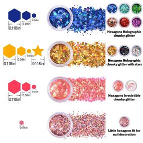 img 3 attached to ✨ Warmfits Holographic Chunky Glitter Set A - 12 Colors Total 120g for Face, Body, Eyes, Hair, Nails - Festival Chunky Holographic Glitter with Different Size Stars and Hexagons Shaped