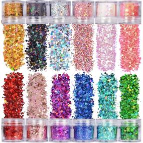 img 4 attached to ✨ Warmfits Holographic Chunky Glitter Set A - 12 Colors Total 120g for Face, Body, Eyes, Hair, Nails - Festival Chunky Holographic Glitter with Different Size Stars and Hexagons Shaped