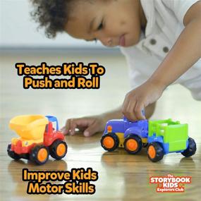 img 1 attached to 🚗 Interactive Educational Play Set: Push & Pull Cars, Storybook Toys, and Construction Friction Toy Trucks for Kids Ages 1-3