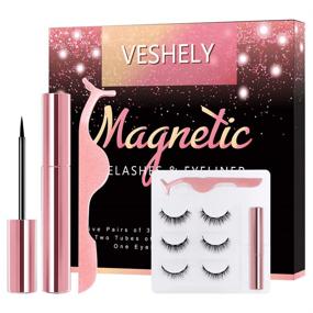 img 4 attached to 👁️ VESHELY Magnetic Eyelashes and Eyeliner Kit - 3 Pairs of Natural Look False Lashes Set with Waterproof Magnetic Liner - 3D Short and Long Eyelashes Collection - No Glue Required