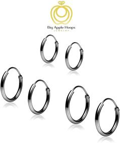 img 1 attached to 💍 Black Rhodium Plated 925 Sterling Silver Hoop Earrings Set - Big Apple Hoops, Pack of 3 Pairs in Sizes 8mm 10mm 12mm