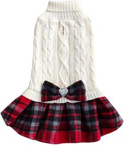 img 4 attached to Stylish KYEESE Plaid Dog Sweater Dress: Leash Hole, Bowtie, Turtleneck - Perfect Pet Knitwear for Warm Fall-Winter!