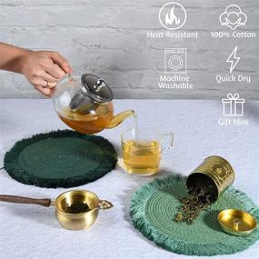 img 3 attached to 🔥 Folkulture Подставки для горячей посуды из 100% хлопка для кухни, подставки для горячих блюд, новогодняя декорация или подстилки для горячих кастрюль и сковородок, идеально подходят для деревянного стола или оформления в стиле фермы, набор из 3 штук, 8,5 дюйма, цвет Тиана-Грин.