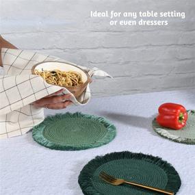 img 1 attached to 🔥 Folkulture Подставки для горячей посуды из 100% хлопка для кухни, подставки для горячих блюд, новогодняя декорация или подстилки для горячих кастрюль и сковородок, идеально подходят для деревянного стола или оформления в стиле фермы, набор из 3 штук, 8,5 дюйма, цвет Тиана-Грин.