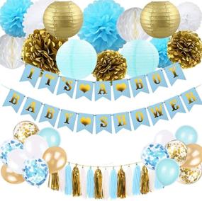 img 4 attached to 👶 Blue and Gold Baby Shower Decorations for Boy - It's A Boy! Banner, Pompoms, Flowers, and More!