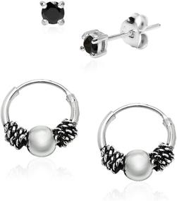 img 4 attached to 🍎 Big Apple Hoops - Set of 2 Oxidized 925 Sterling Silver Earrings: 3mm Black Cubic Zirconia Stud and 12mm Hoop Earrings