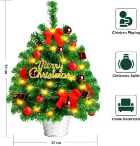 img 3 attached to 20-Inch TIOVERY Pre-Lit Tabletop Christmas Tree - Mini Artificial Pine Tree with Red Ball Baubles, Ornaments, and Metal Bowl for Desk and Tabletop Holiday Decor