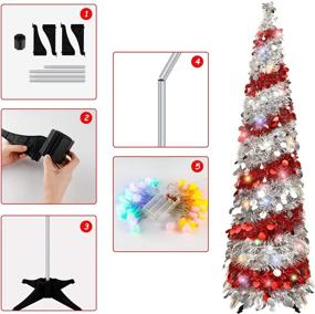 img 2 attached to 🎄 5FT Collapsible Pop Up Christmas Tree with 40 Lights: Sliver & Red, Slim Pencil Xmas Tree for Home Holiday Decorations