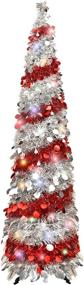 img 4 attached to 🎄 5FT Collapsible Pop Up Christmas Tree with 40 Lights: Sliver & Red, Slim Pencil Xmas Tree for Home Holiday Decorations