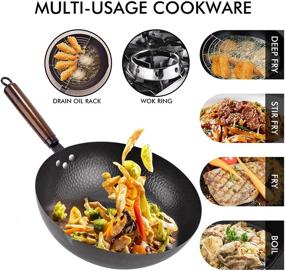 img 4 attached to 🍳 Carbon Steel Wok Set - 13 Pcs Stir-Fry Pan with Wooden Lid & Handle + Cookware Accessories - 13" Chinese Wok with Flat Bottom - Suitable for all Stoves (Black)