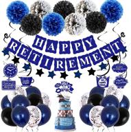 retirement decorations: complete party decor kit for men and women - blue happy retirement banner, paper pompoms, balloons, hanging swirls, cake toppers - retired party supplies logo