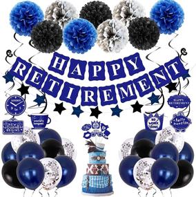 img 4 attached to Retirement Decorations: Complete Party Decor Kit for Men and Women - Blue HAPPY RETIREMENT Banner, Paper Pompoms, Balloons, Hanging Swirls, Cake Toppers - Retired Party Supplies