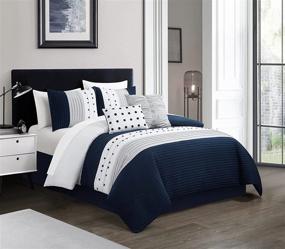 img 3 attached to 🛏️ Chic Home Lainy King Size Navy Comforter Set - Color Block Pleated Ribbed Embroidered Design - Includes Decorative Pillows and Shams