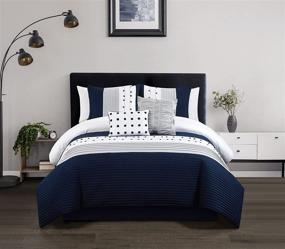 img 4 attached to 🛏️ Chic Home Lainy King Size Navy Comforter Set - Color Block Pleated Ribbed Embroidered Design - Includes Decorative Pillows and Shams