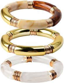 img 4 attached to 🎍 Bamboo Tube Bangles Bracelet - Chunky Curved Clear Acrylic Colorful Beads Friendship Gold Bracelets for Women - Stretchable Stacking Bracelets - Gift Idea