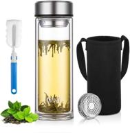 large 20oz glass tea infuser bottle - double walled tea tumbler with strainer for loose leaf - borosilicate glass tea infuser mug with sleeve carrier, leakproof - by oneisall logo