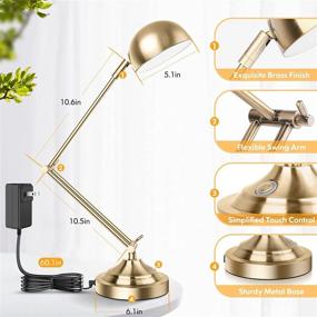 img 3 attached to 💡 Dimmable Architect Gold Desk Lamp with USB Port, Adjustable Touch Control Vintage Desk Lamp. Featuring 3 Color Modes, Retro Style Brass Metal Reading Light for Home Office, Desk, and Bedside Table.