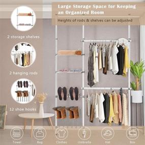 img 2 attached to 👗 Tangkula 2 Tier Adjustable Closet System - Floor to Ceiling Clothes Hanger | Storage Shelf &amp; Shoes Hooks Included | Garment Rack Hanger Rod | Telescopic Clothes Organizer for Living Room, Bedroom