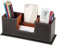 🖥️ organize your desk in style with kingfom double holder wood leather multi-function desk stationery organizer in dark brown logo