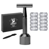 💈 easace long handle double edge safety razor set with stand, cleaning brush, blades, and delicate box – perfect for men and women's wet shaving (black) logo