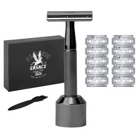 img 4 attached to 💈 EASACE Long Handle Double Edge Safety Razor Set with Stand, Cleaning Brush, Blades, and Delicate Box – Perfect for Men and Women's Wet Shaving (Black)