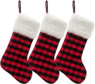 🎅 aiseno 3 pack 20 inch buffalo plaid christmas stockings with faux fur hanging ornaments in snowy white - black red plaid candy gift bags for festive decoration logo
