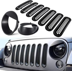 img 4 attached to 🚙 Enhance Your Jeep Wrangler JK JKU 2007-2017 with E-cowlboy Front Grille Mesh Inserts & Headlight Cover - Upgrade to Matte Black Clip-on Version!