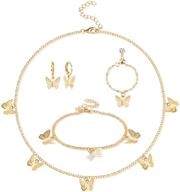 🦋 florideco 14k gold plated butterfly choker necklace earrings bracelet ring set - women's gift jewelry with dainty chain, butterfly pendant necklace, and cute drop dangle hoop earrings in rose gold logo