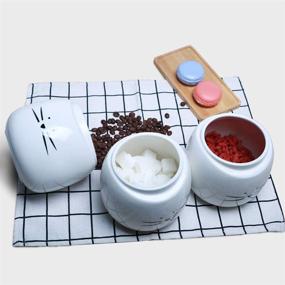 img 1 attached to 🐱 Koolkatkoo Ceramic Cat Canister Set with Bamboo Lid - White Round Kitchen Storage for Coffee, Tea, Sugar, and Food - Set of 3