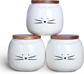 img 4 attached to 🐱 Koolkatkoo Ceramic Cat Canister Set with Bamboo Lid - White Round Kitchen Storage for Coffee, Tea, Sugar, and Food - Set of 3