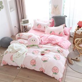 img 3 attached to 🛏️ Anjos Cartoon Duvet Cover Set - Full Size 4pc Polyester Fabric Bedding Set with Lovely Peach Simple Brief Pattern Printed on Pink for Teen Boys and Girls