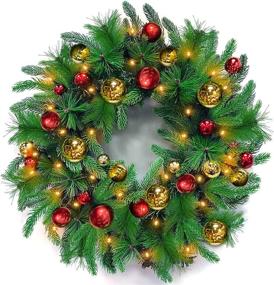 img 4 attached to 🎄 TURNMEON 24 Inch Realistic Pre-lit Artificial Christmas Wreath with 80 Lights and Timer - Battery Operated, 40 Xmas Ball Ornaments, 220 Branches - Ideal for Front Door, Indoor/Outdoor Home Decoration