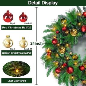 img 1 attached to 🎄 TURNMEON 24 Inch Realistic Pre-lit Artificial Christmas Wreath with 80 Lights and Timer - Battery Operated, 40 Xmas Ball Ornaments, 220 Branches - Ideal for Front Door, Indoor/Outdoor Home Decoration