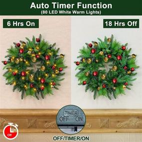 img 2 attached to 🎄 TURNMEON 24 Inch Realistic Pre-lit Artificial Christmas Wreath with 80 Lights and Timer - Battery Operated, 40 Xmas Ball Ornaments, 220 Branches - Ideal for Front Door, Indoor/Outdoor Home Decoration