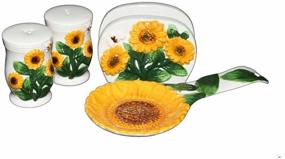 img 2 attached to ACK 83025/28 Country Sunflower Painted Stove Top Set with Salt and Pepper Shaker, Napkin Holder, and Spoon Rest