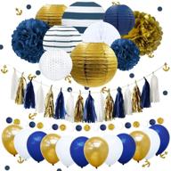 🎉 nicrolandee navy stripe gold paper lanterns & blue tissue pom poms set | nautical party decorations for graduation, wedding, birthday & bachelorette logo