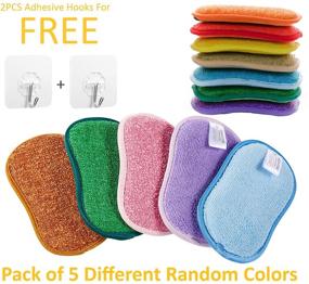 img 3 attached to 5 Pack Microfiber Dual Action Kitchen Scrub Sponge by YOUYOUTE - Heavy Duty Washing Up Cleaner and Household Cleaning Pads with Reusable Non-Stick Non-Scratch Technology, Includes 2pcs Adhesive Hooks